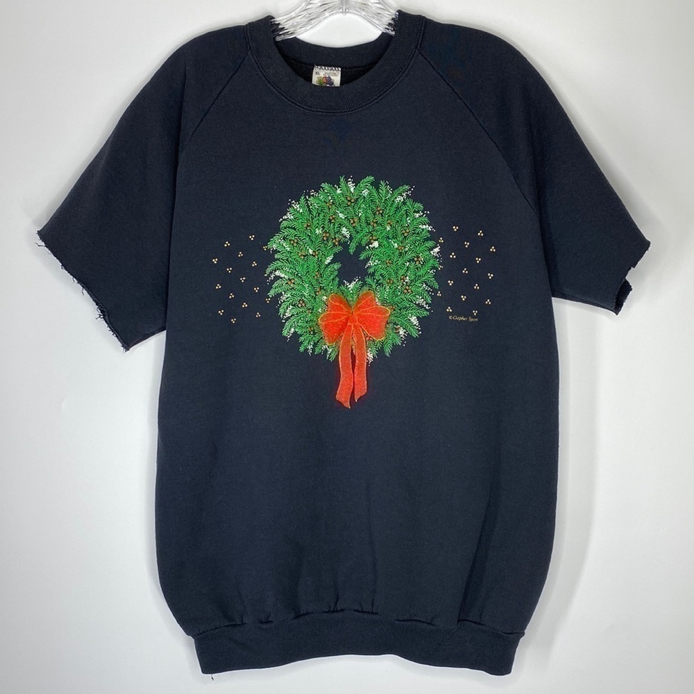 Vintage Fruit Of The Loom Christmas Wreath Raglan Cut Off Sleeves Sweatshirt XL